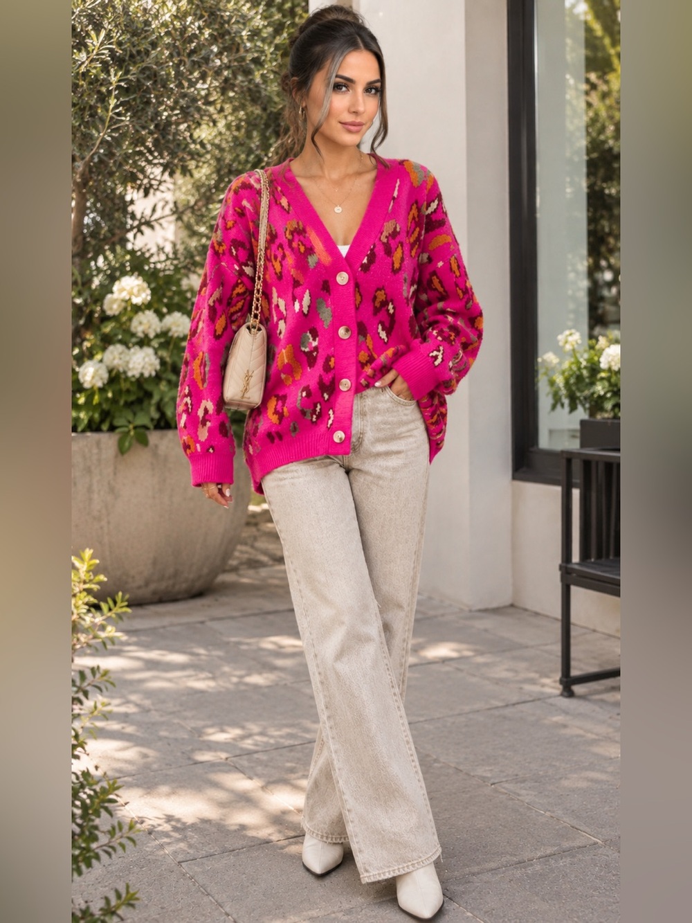 Hot Pink Leopard Print Button-Up Cardigan jacket warm